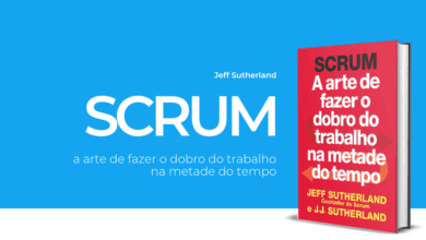 Scrum: A arte de fazer o dobro do trabalho na metade do tempo', destacando a capa e transmitindo a ideia de eficiência e agilidade no gerenciamento de projetos