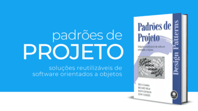"Padrões de Projetos: livro essencial que apresenta soluções reutilizáveis para desenvolvedores de software."