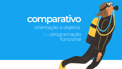 Imagem com o título 'comparativo: orientação a objetos ou programação funcional', acompanhada de uma ilustração de uma mergulhadora